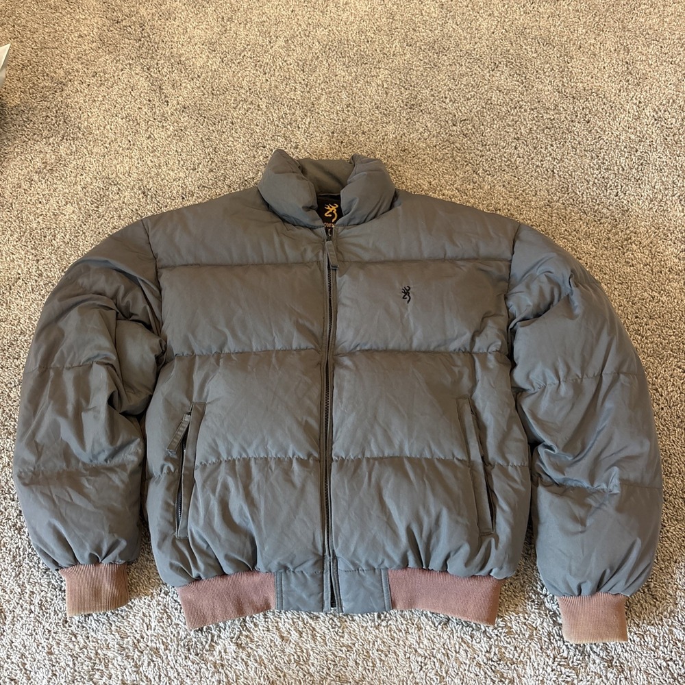 Vintage 90s Browning Gray Down Puffer Bomber Hunting Jacket Coat Size Large